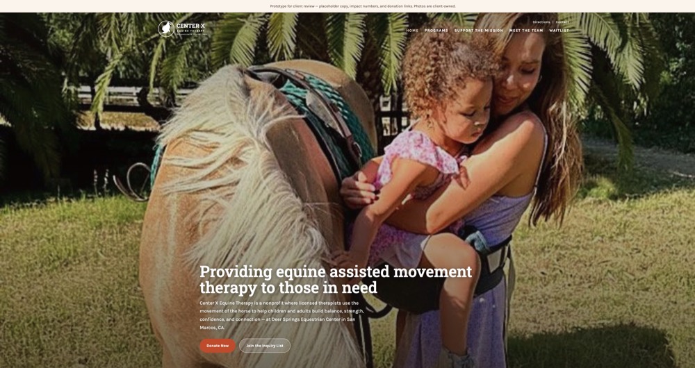 The Center X Equine Therapy website: a full-bleed photo of a child with a therapy horse and the headline Providing equine assisted movement therapy to those in need.