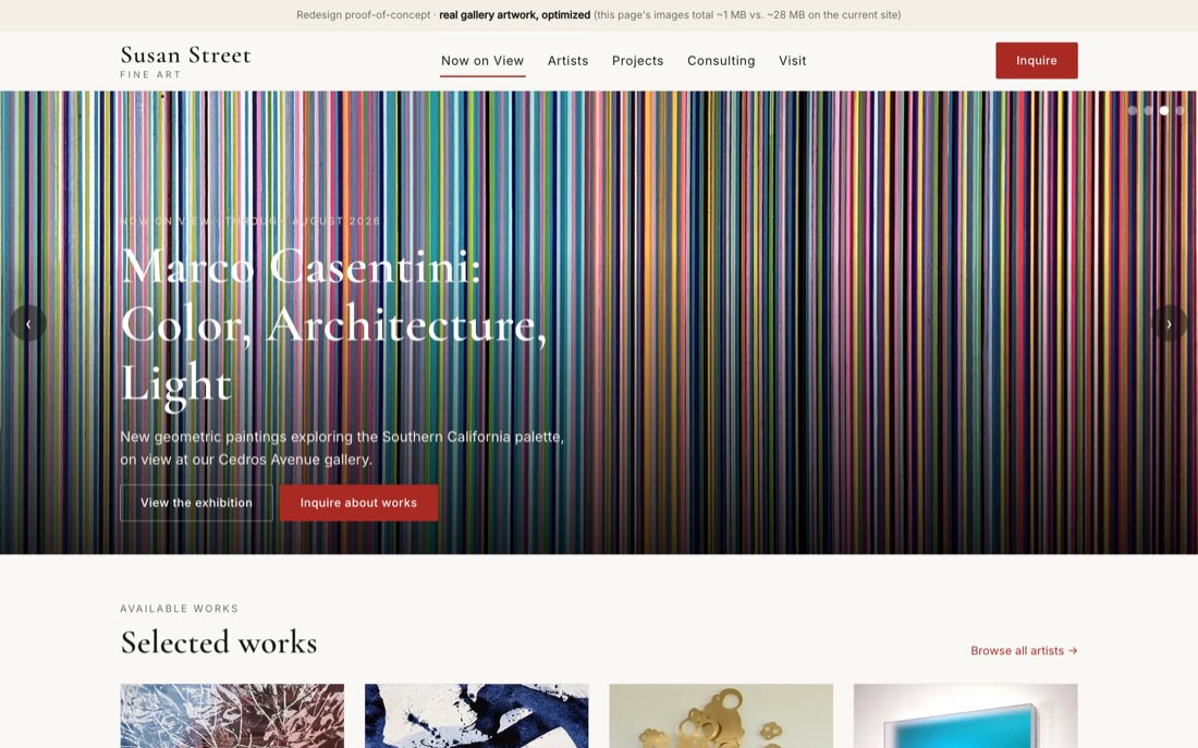 Early redesign prototype for Susan Street Fine Art: a full-bleed contemporary artwork hero with the gallery name, navigation, and a row of selected works below.
